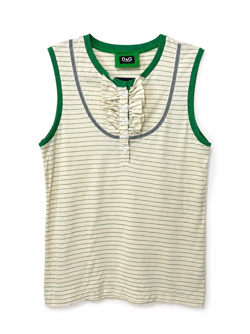 D&G Dolce & Gabbana Green & Cream Pinstripe Ruffle Tank Top sz small